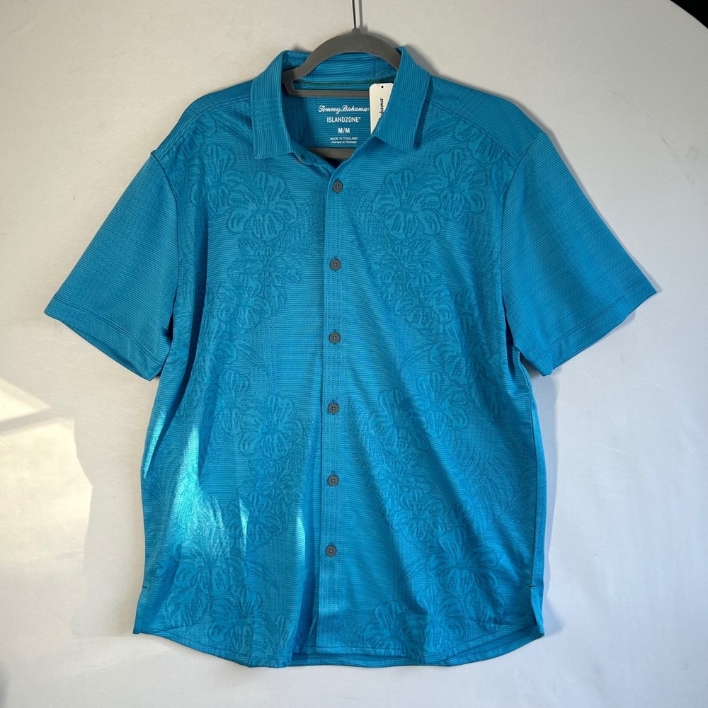 Tommy Bahama IslandZone Mens Medium Blue Palm Coast Cascade Vines Camp Shirt NEW